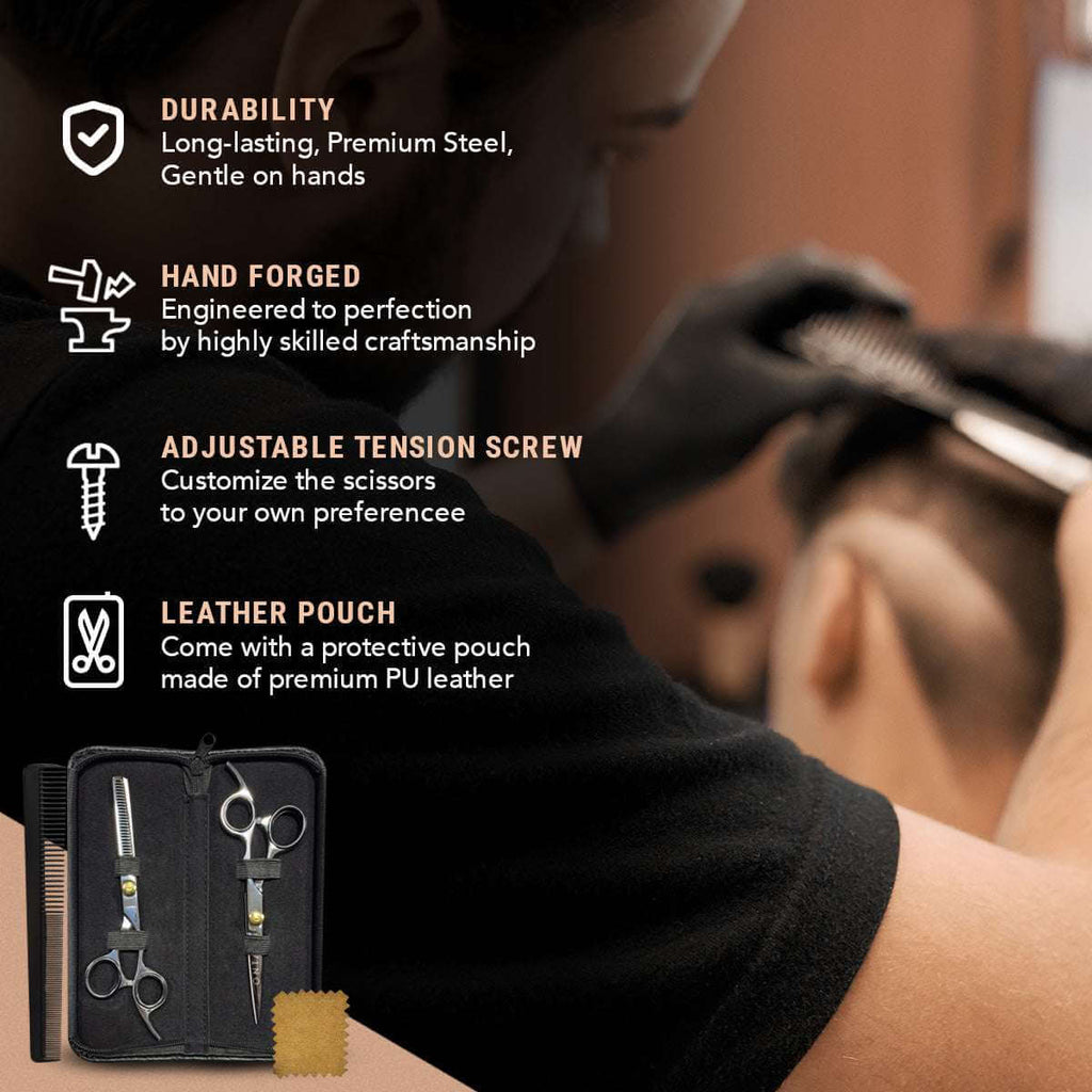 Person cutting hair with a set of scissors and comb