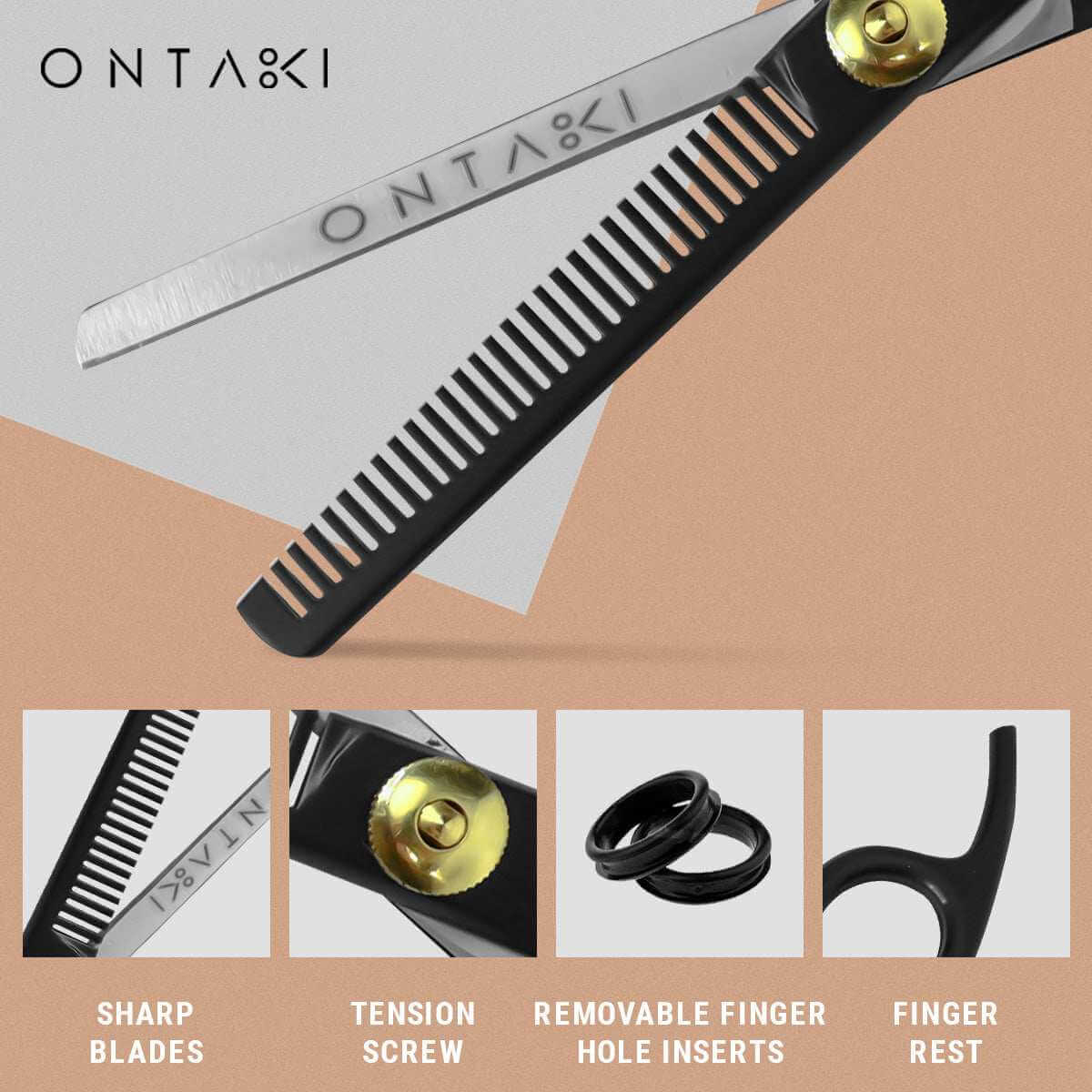 ONTAKI hair styling tools with features highlighted on a beige background