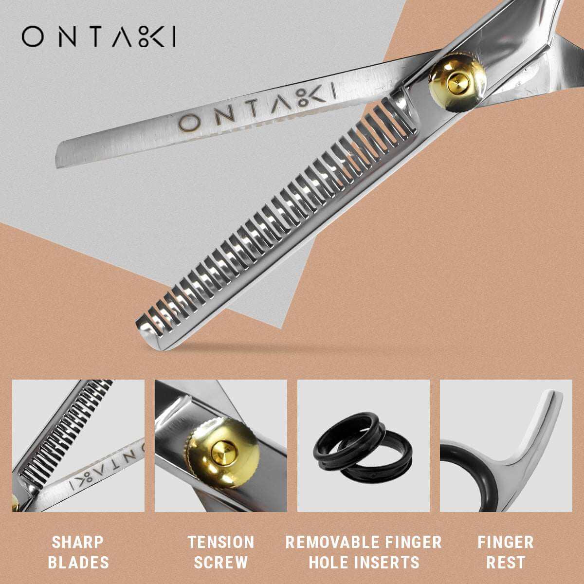 ONTAKI scissors with features highlighted on a beige background