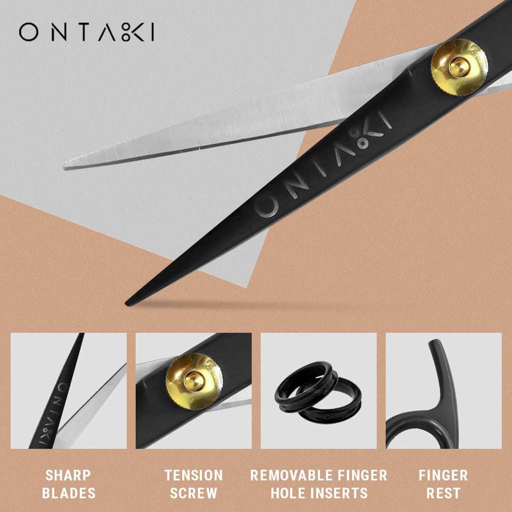 ONTAKI scissors with features highlighted on a geometric background