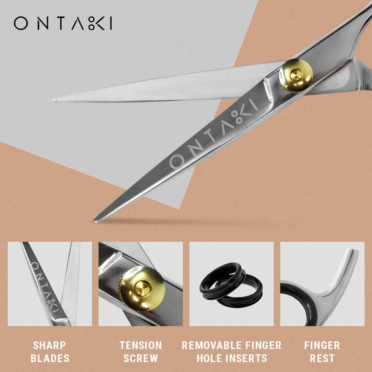 ONTAKI scissors with features highlighted on a geometric