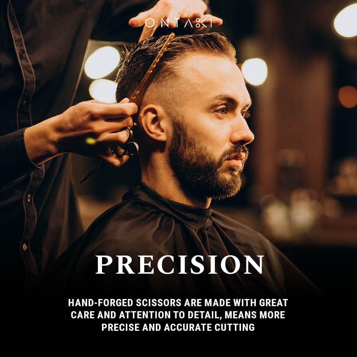 Man getting a haircut with text about hand-forged scissors