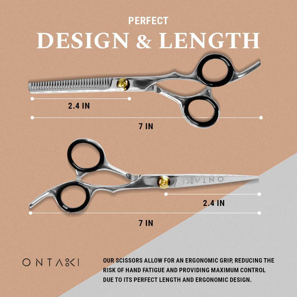 Measurement chart of a pair of scissors with labeled dimensions on a two-tone background.