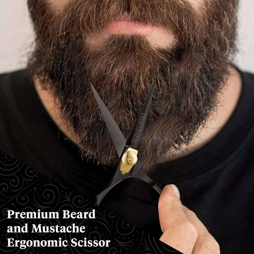 Person holding a pair of scissors with a focus on a beard, labeled as 'Premium Beard 
