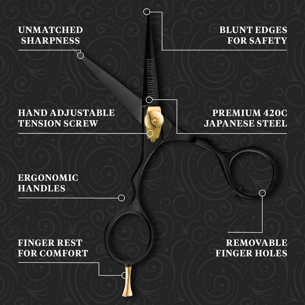 Black hairdressing scissors with labeled features