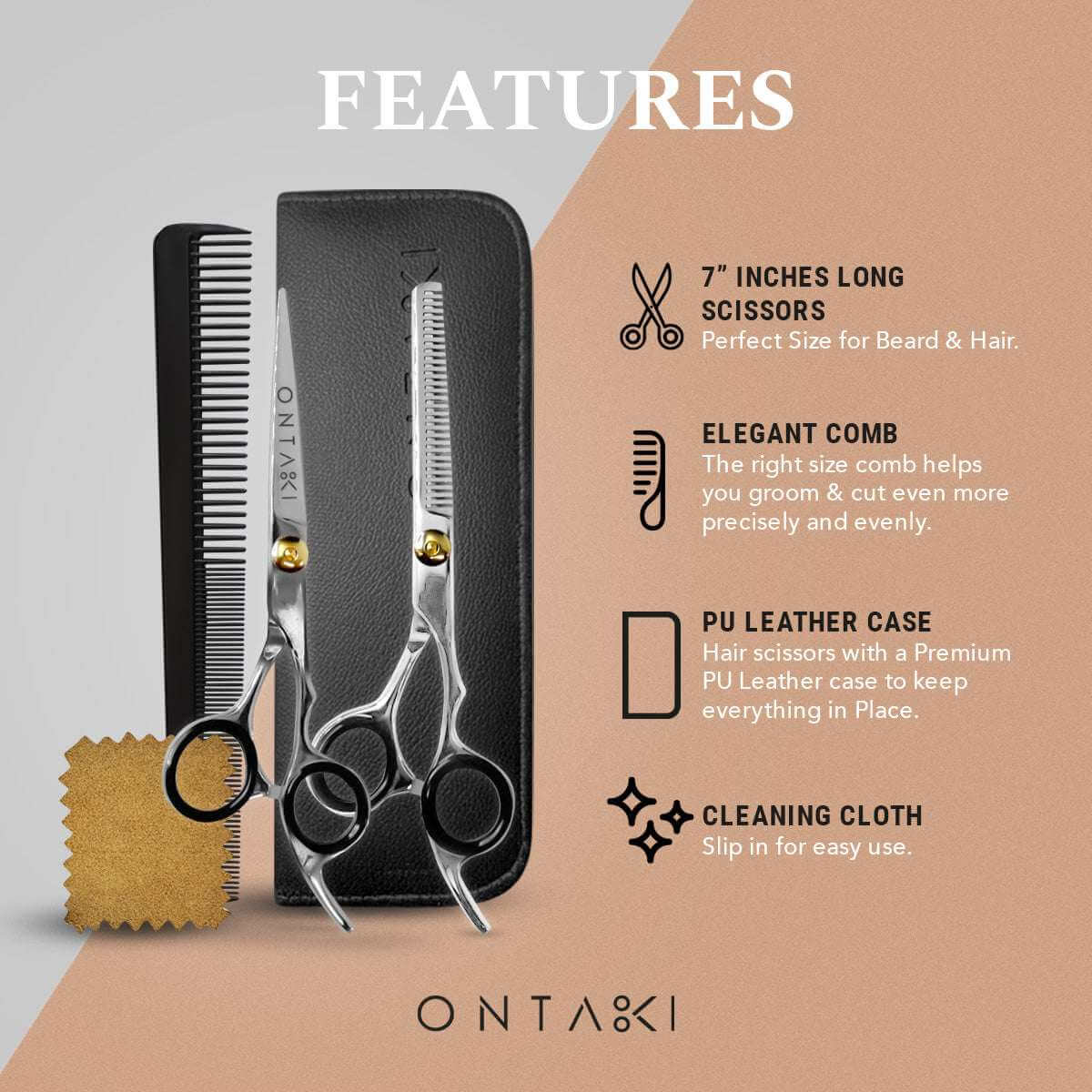 Hair scissors with comb and cleaning cloth