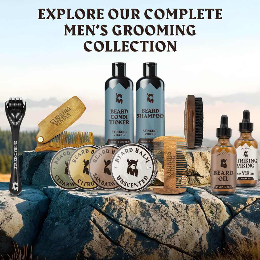 Men's grooming products including bottles