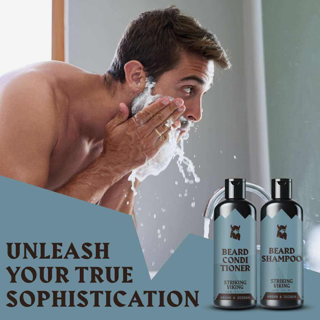 Man washing his face with a shower, with 'Striking Viking' beard care products displayed.