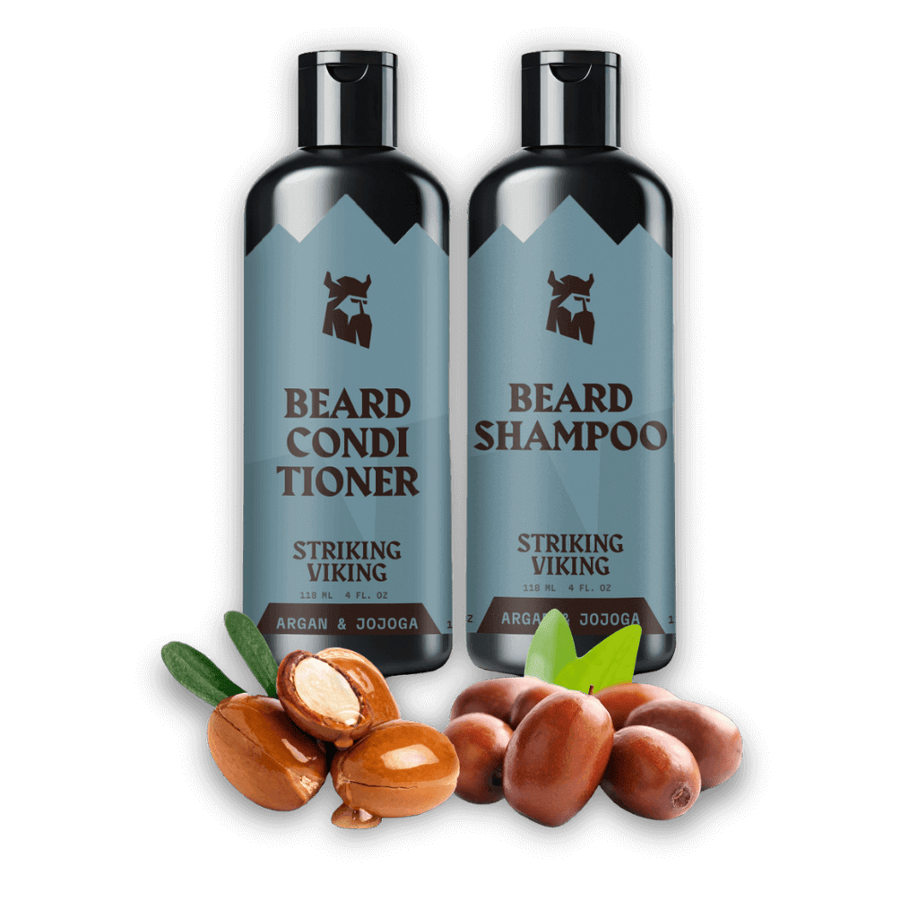 Two bottles of Striking Viking beard care products with argan nuts on a black background