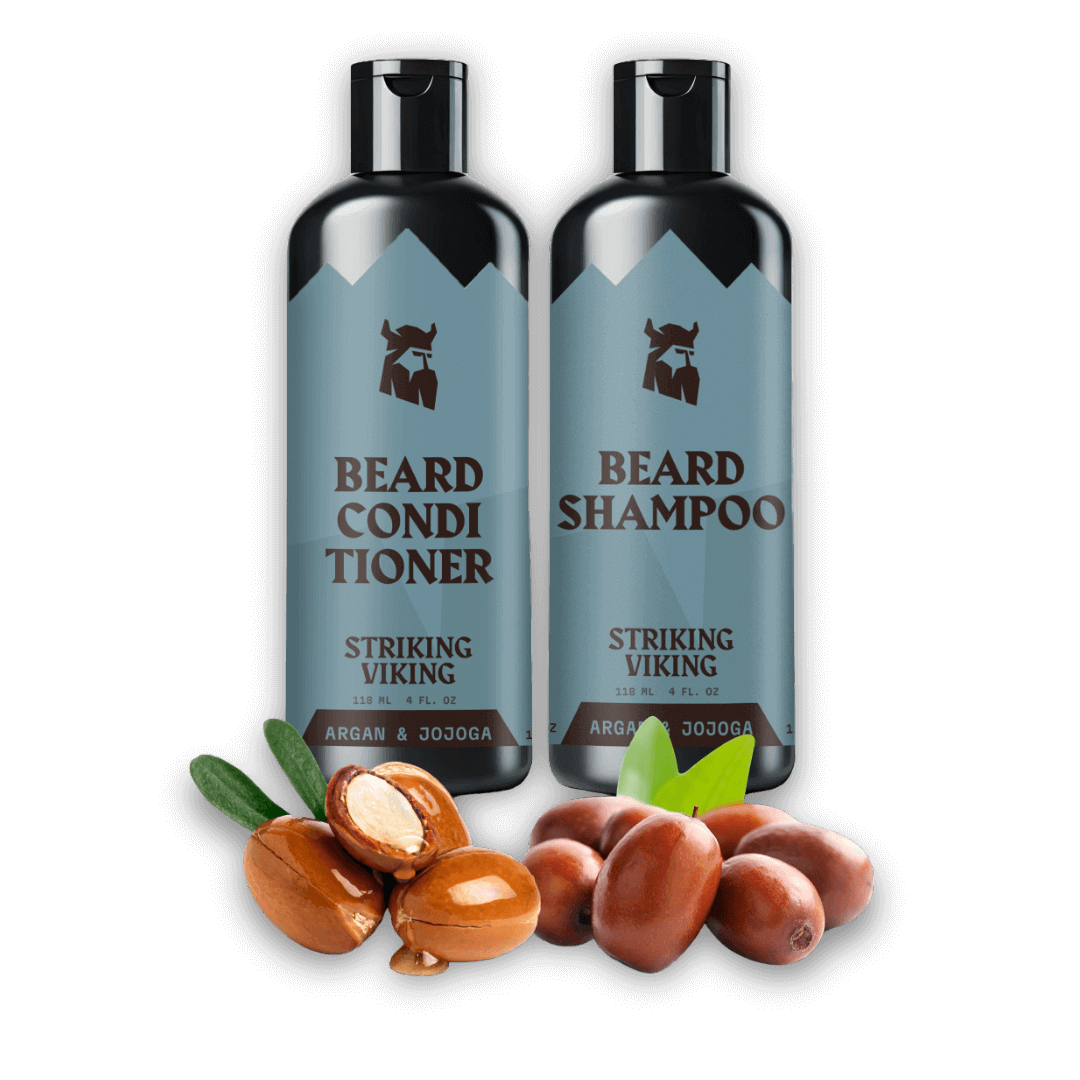 Two bottles of Striking Viking beard care products with argan nuts on a black background