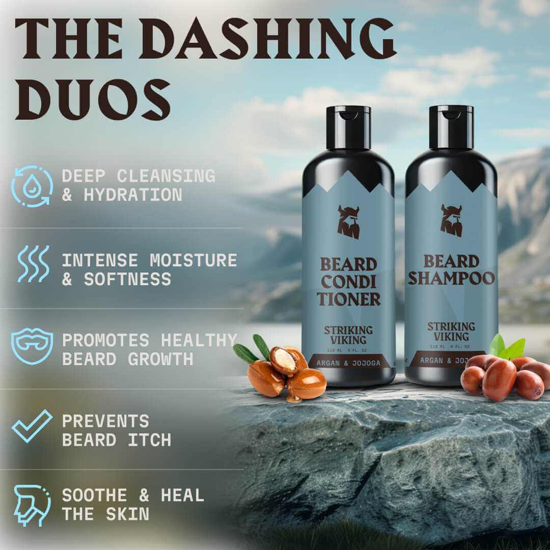 Two bottles of 'Striking Viking' beard care products with a mountainous background.
