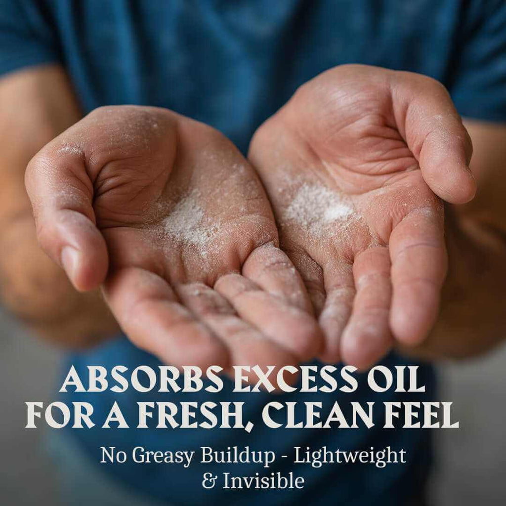 small amount of powder with text about oil absorption