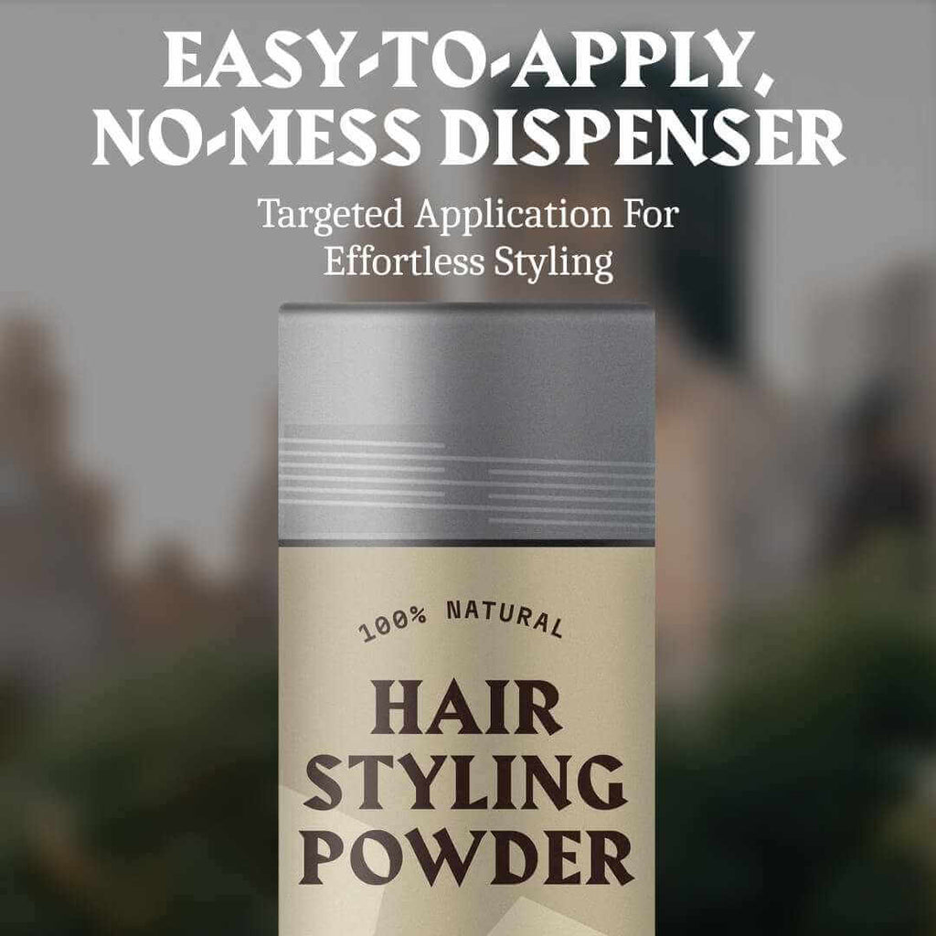 Hair styling powder can with text about easy application and no-mess dispenser.