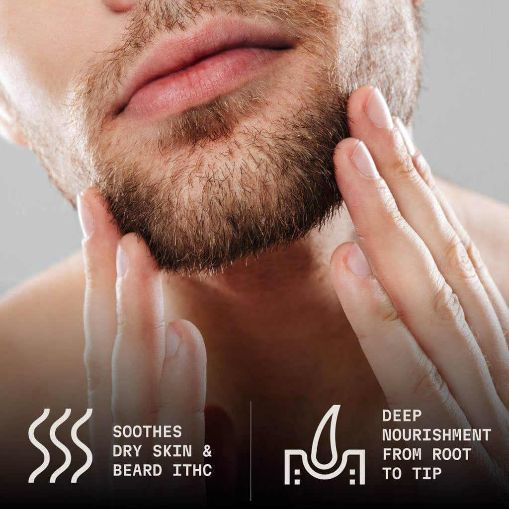Close-up of a man's face with a focus on his beard, with text about skincare benefits.