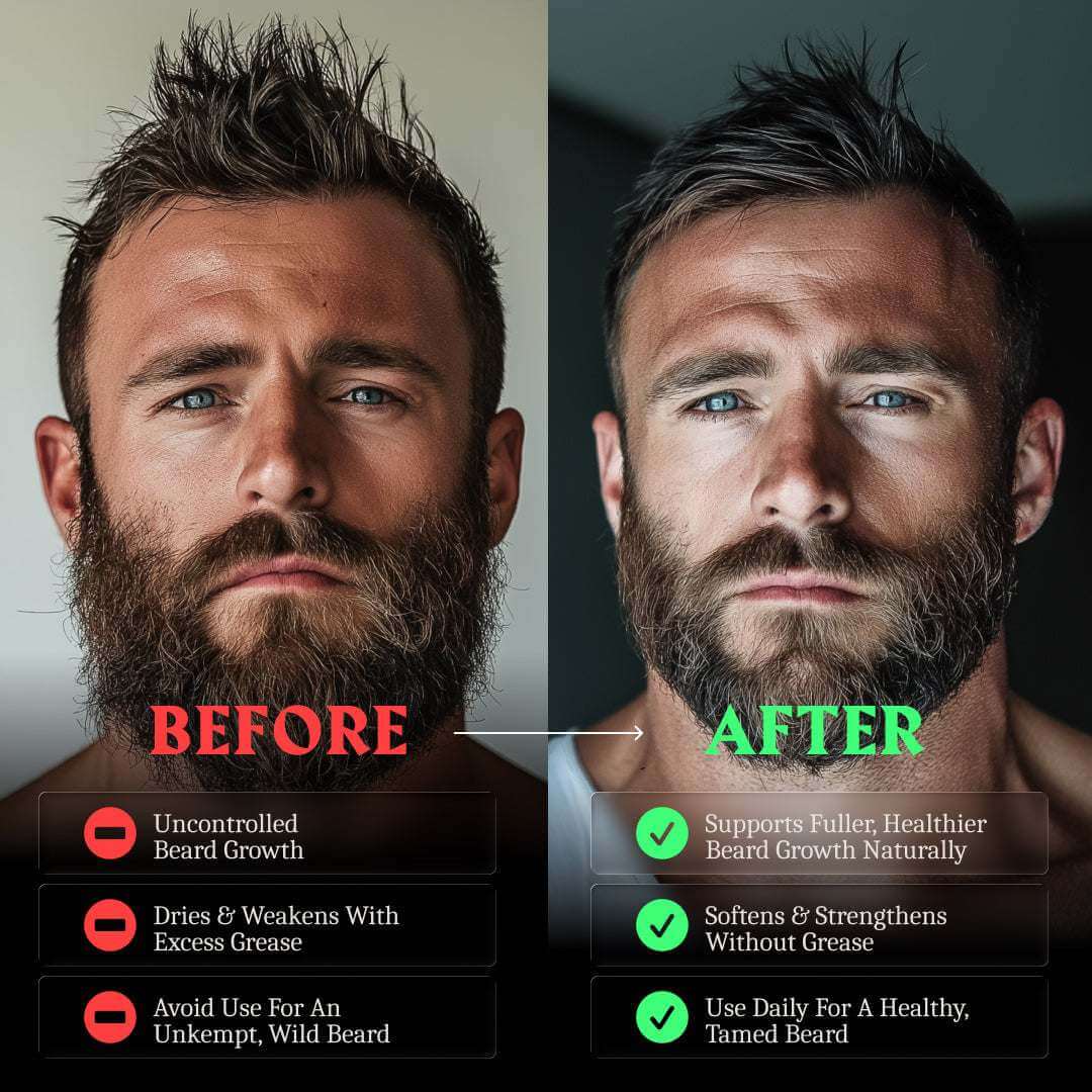 Before and after comparison of a man with a beard, highlighting product benefits.