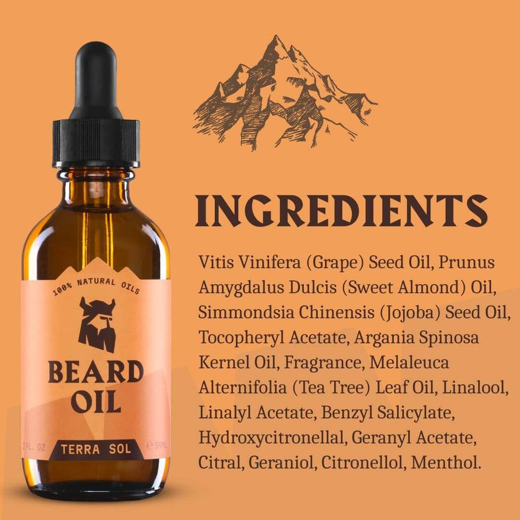 Bottle of beard oil with ingredients list on an orange background