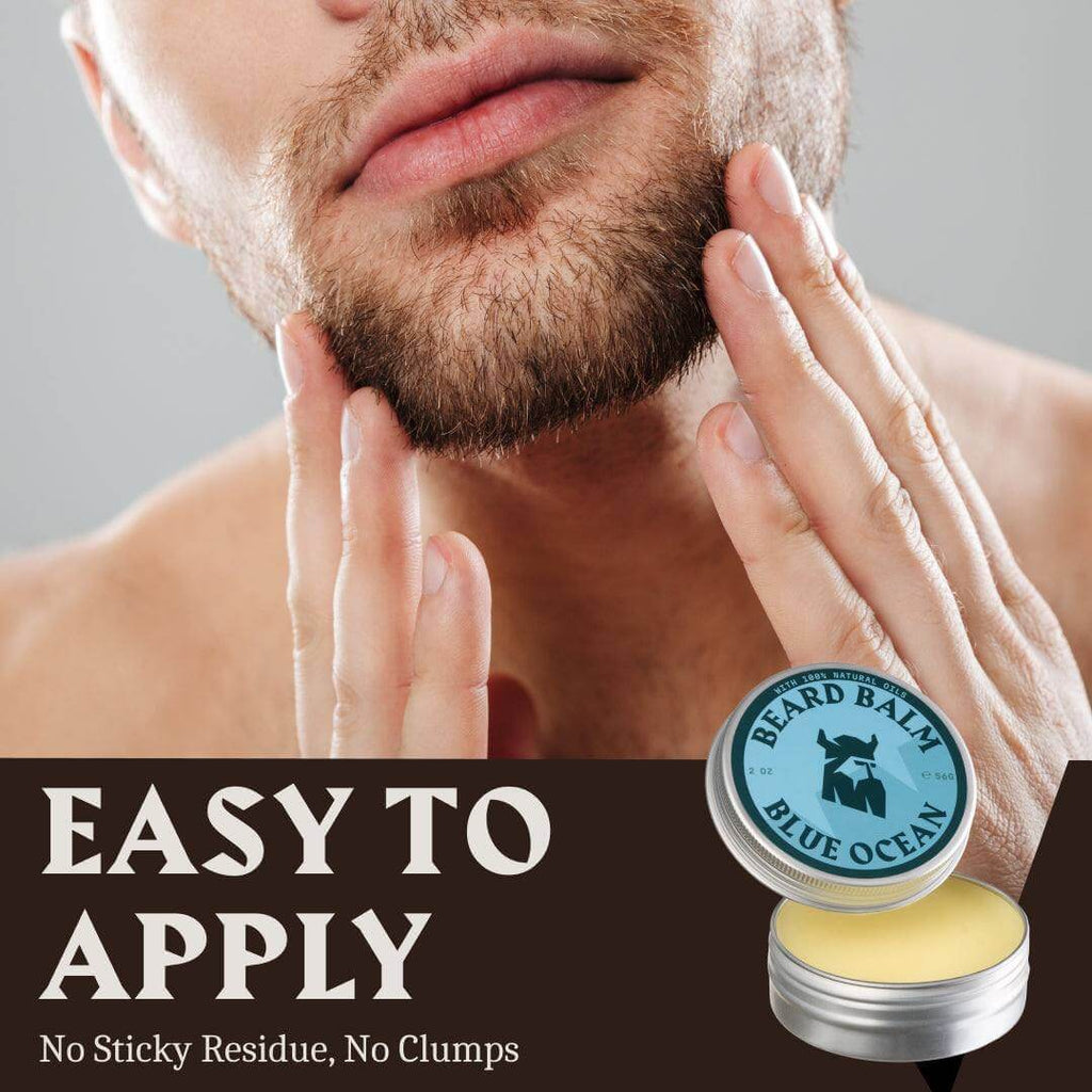 Man applying beard balm with text 'Easy to Apply' and product packaging.