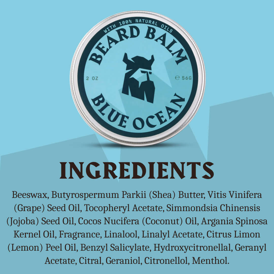 Beard balm container with ingredients list on a blue background