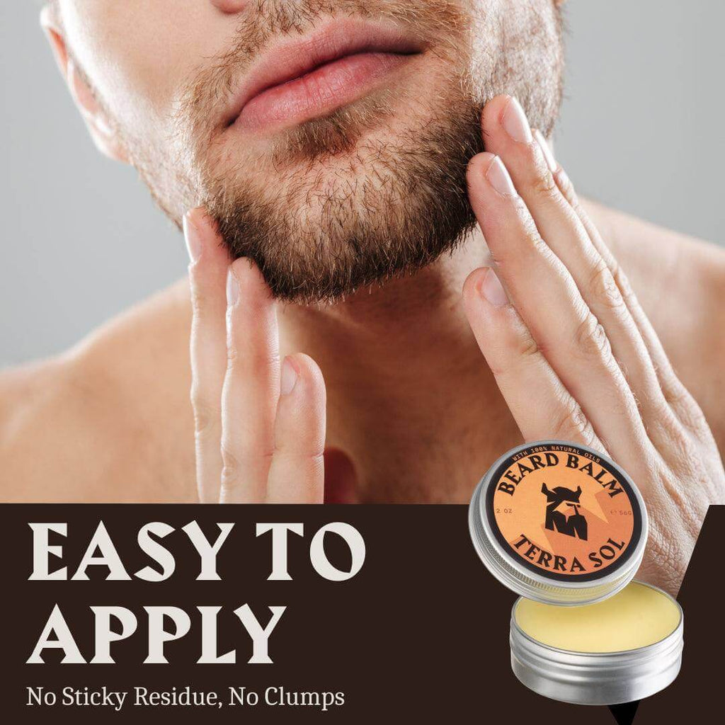 Man applying beard balm with text 'Easy to Apply' and product packaging.