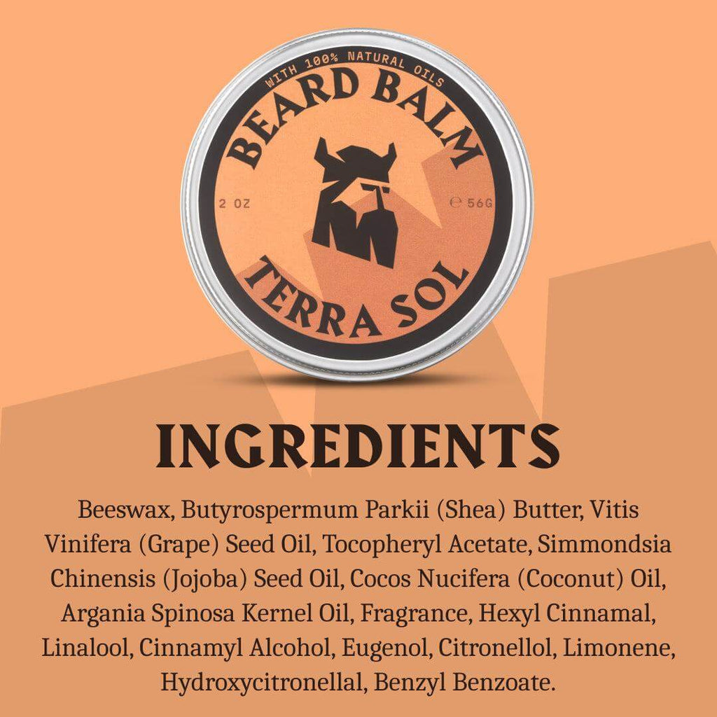 Terra Sol beard balm container with ingredients list