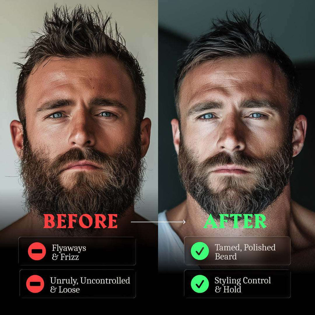 Before and after comparison of a man's beard with text indicating changes.