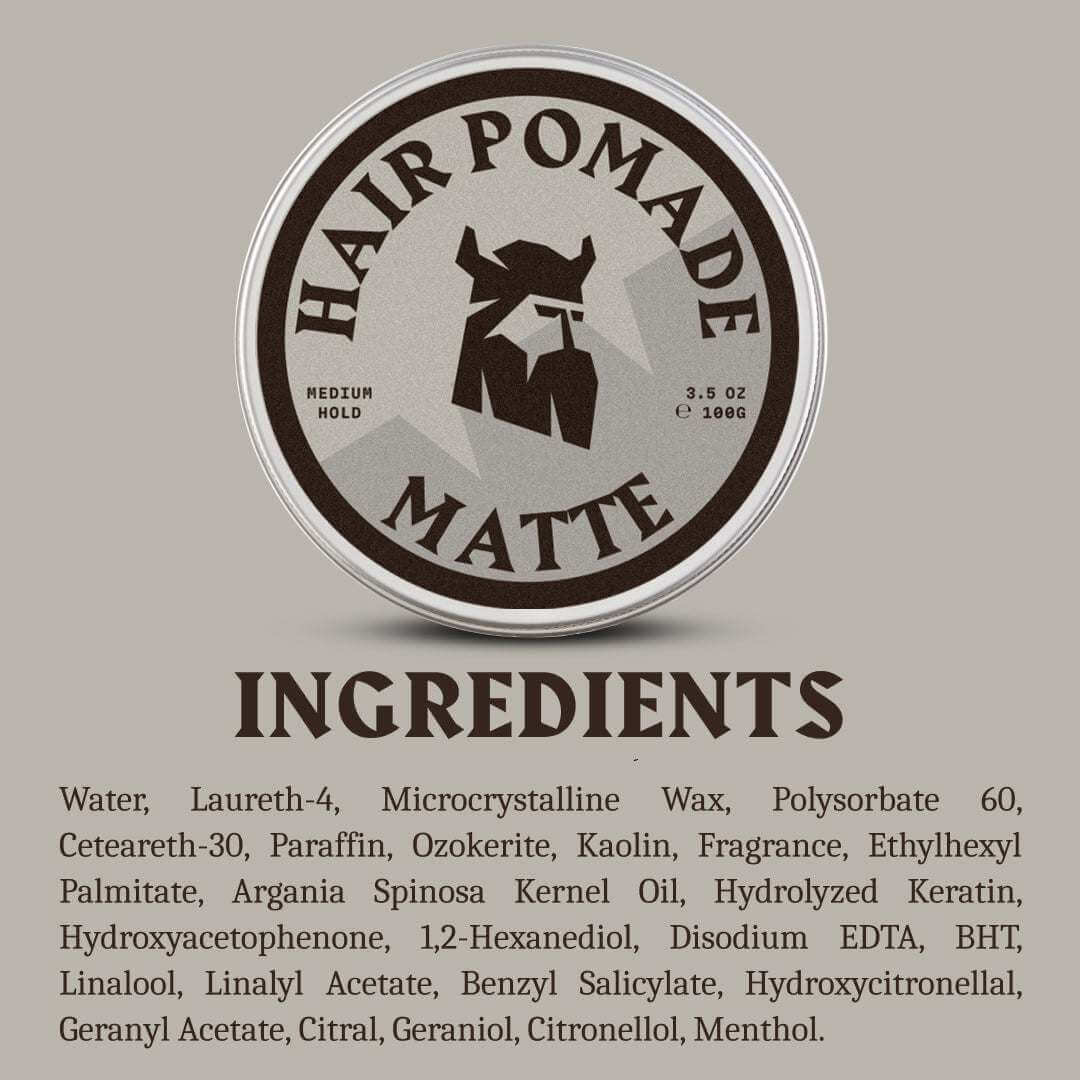 Hair pomade container with ingredients list on a gray background