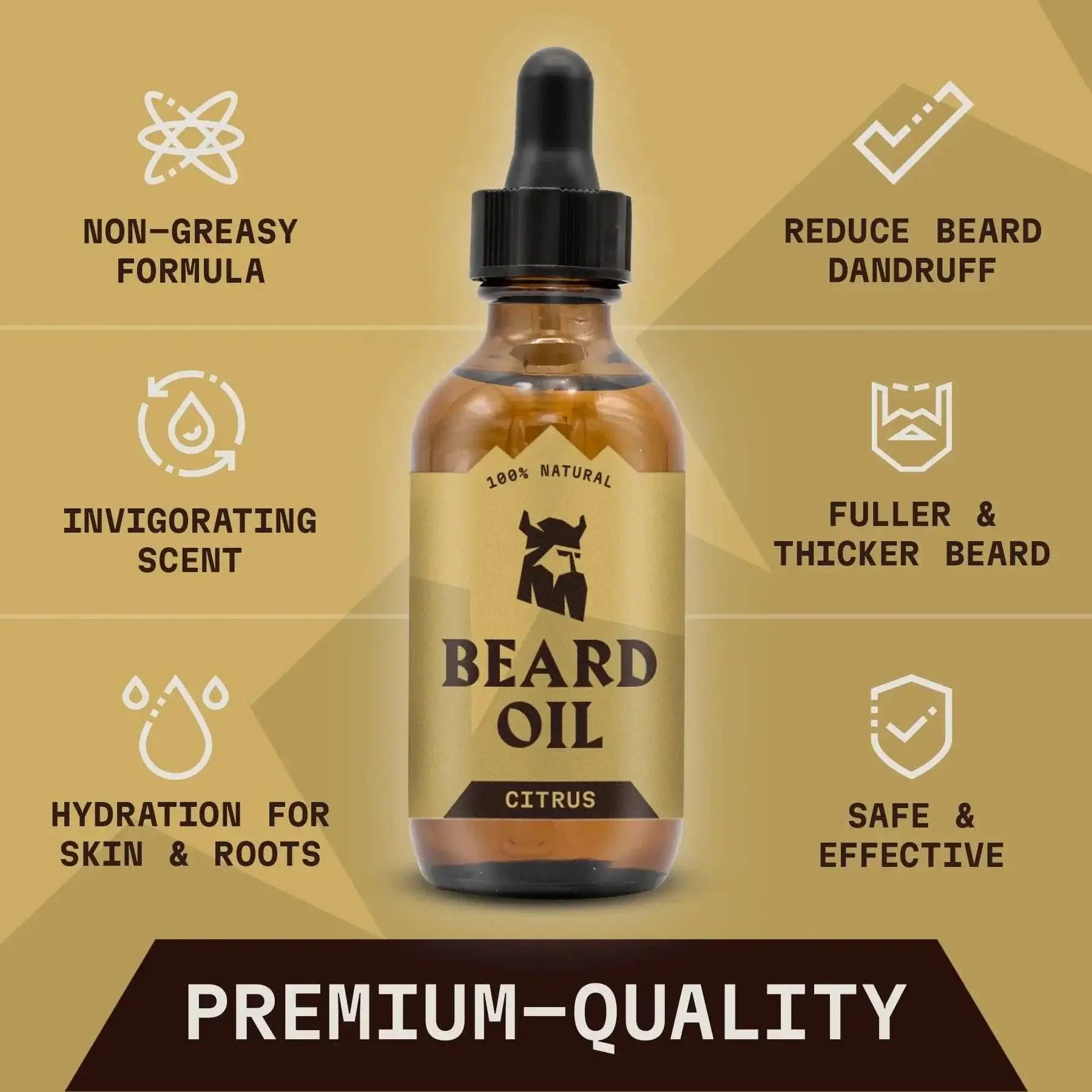 Beard oil bottle with label on a gold background with text about product benefits