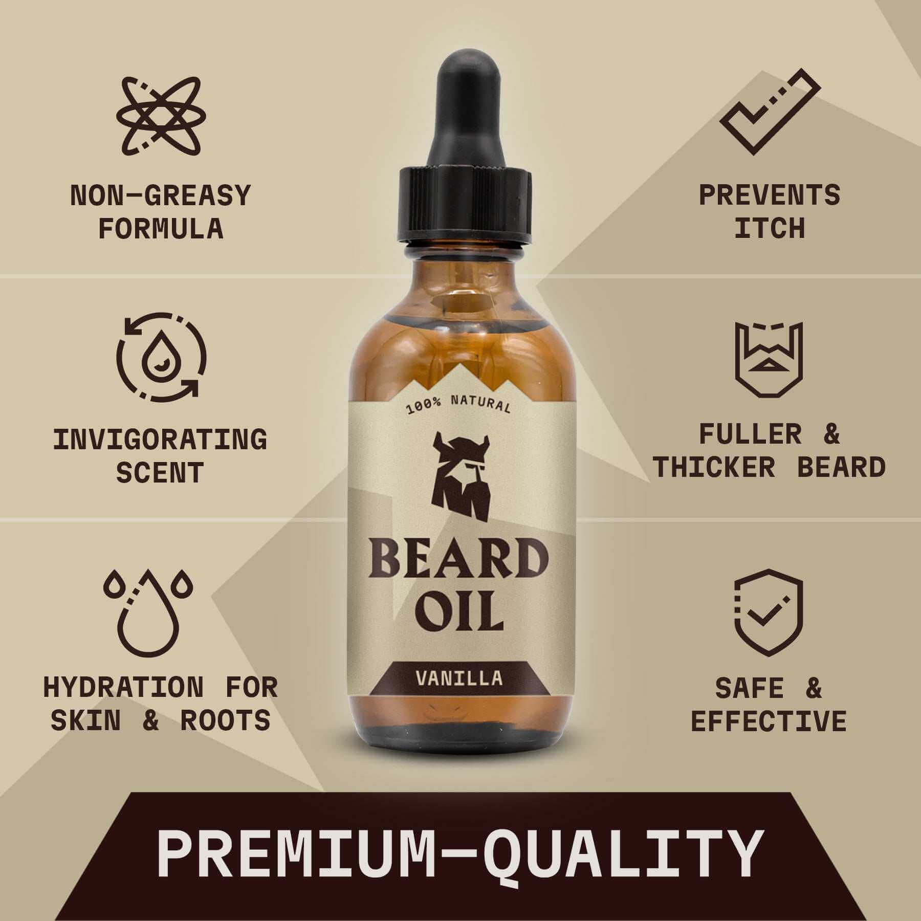 Beard oil bottle with features listed on a beige background