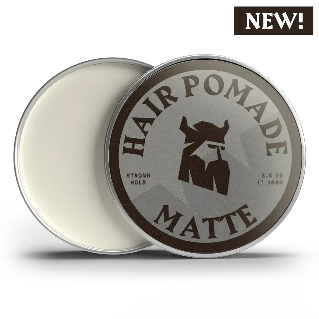 Hair pomade container with 'NEW!' label on a white background