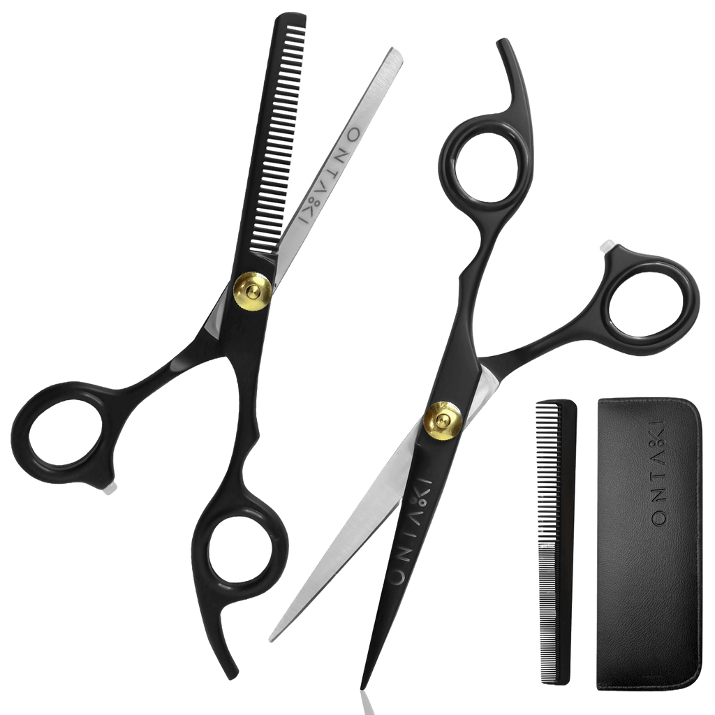 Set of black hairdressing scissors and comb with 'AYANO