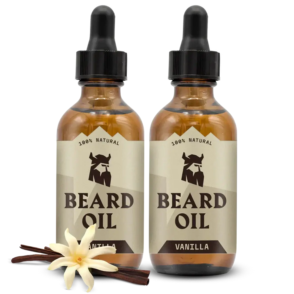 Two bottles of vanilla beard oil with a vanilla flower and stick on a white background