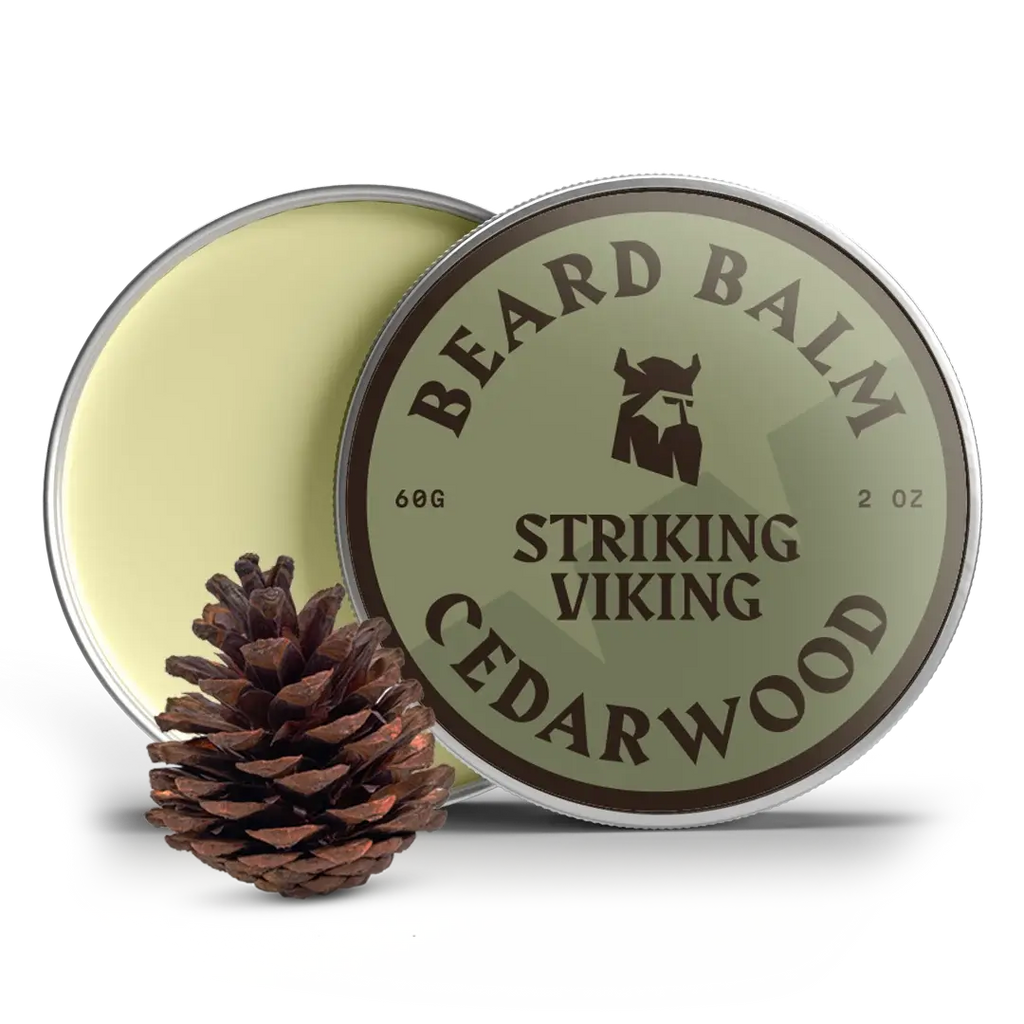 Beard balm container labeled 'Striking Viking Cedarwood