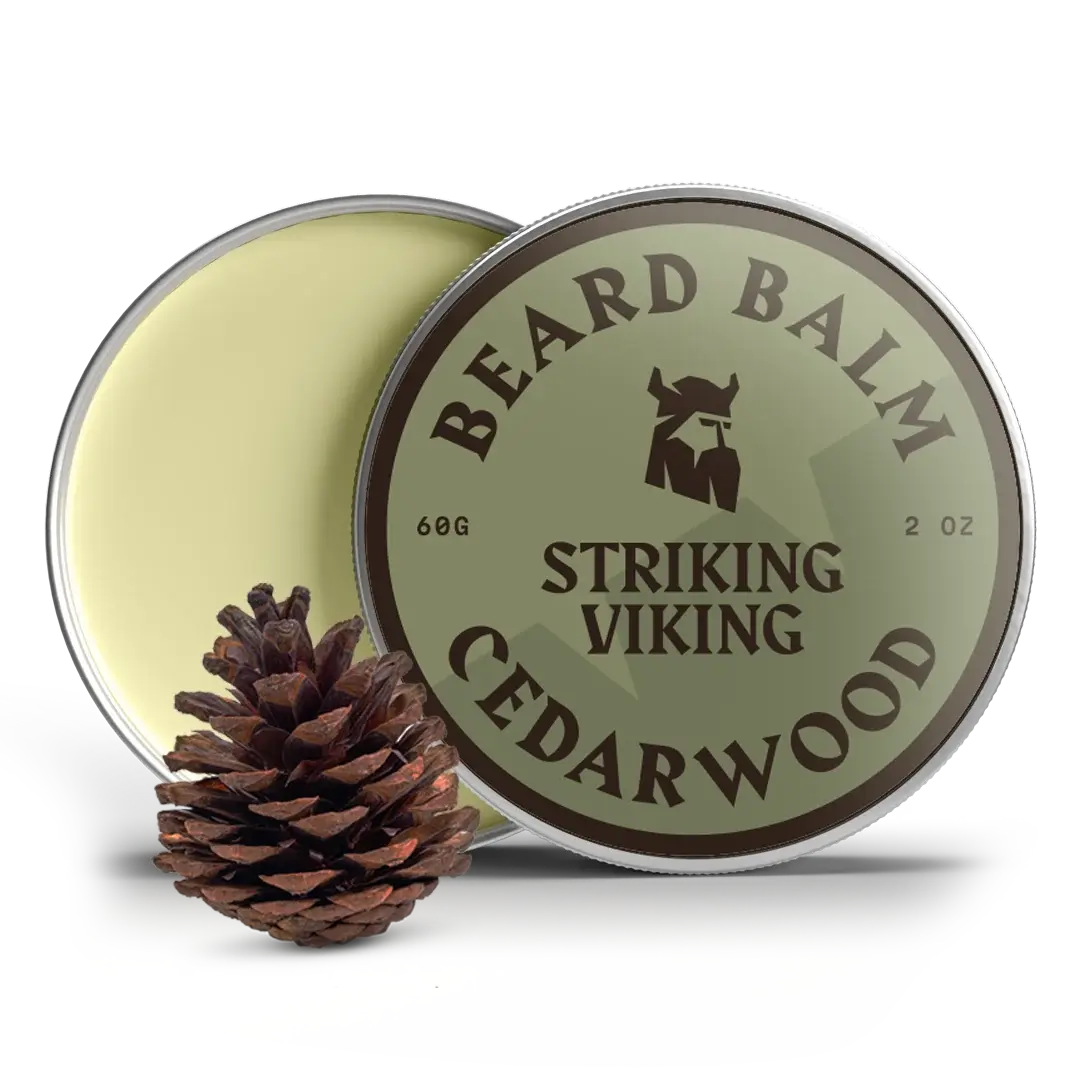 Beard balm container labeled 'Striking Viking Cedarwood