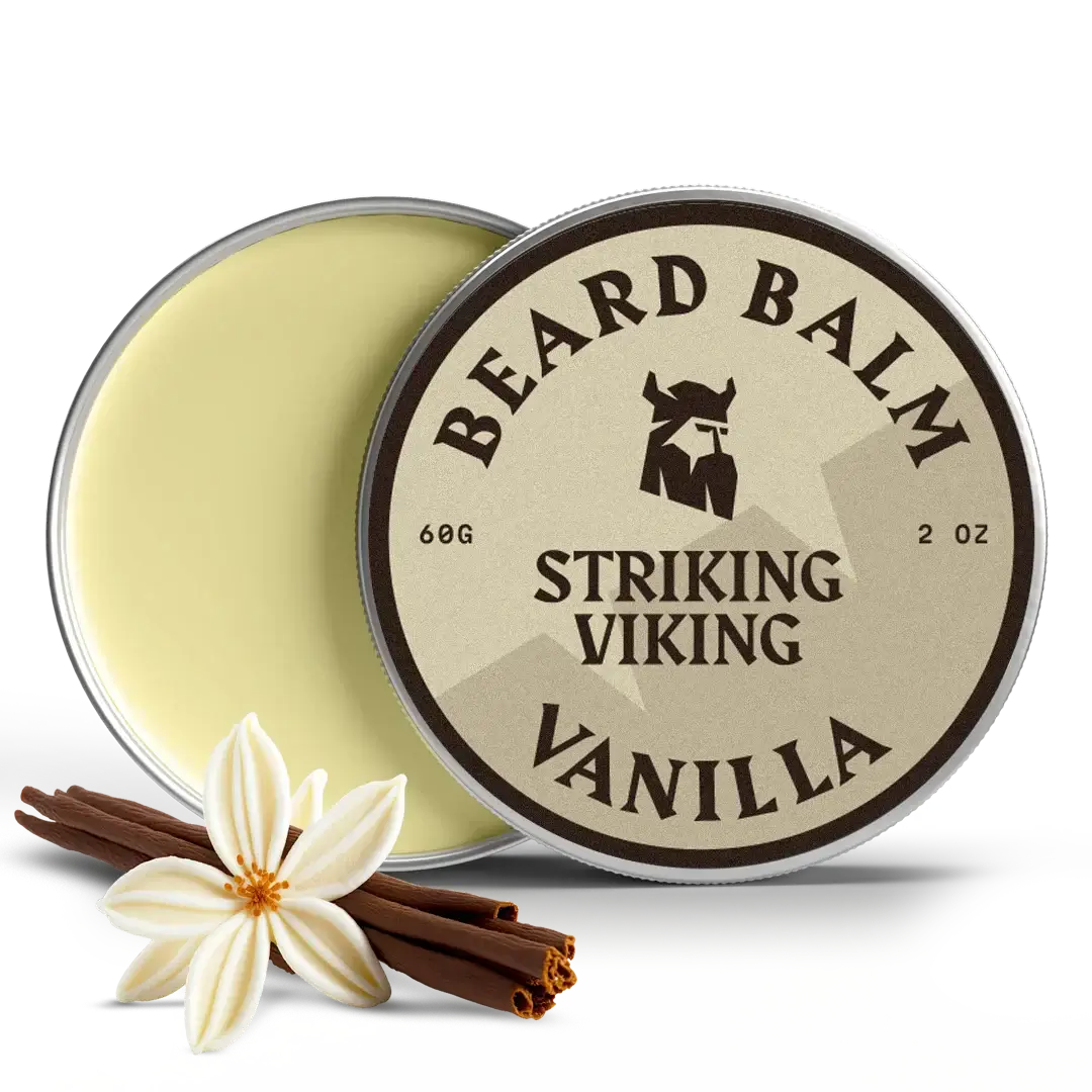 Beard balm container labeled 'Striking Viking Vanilla