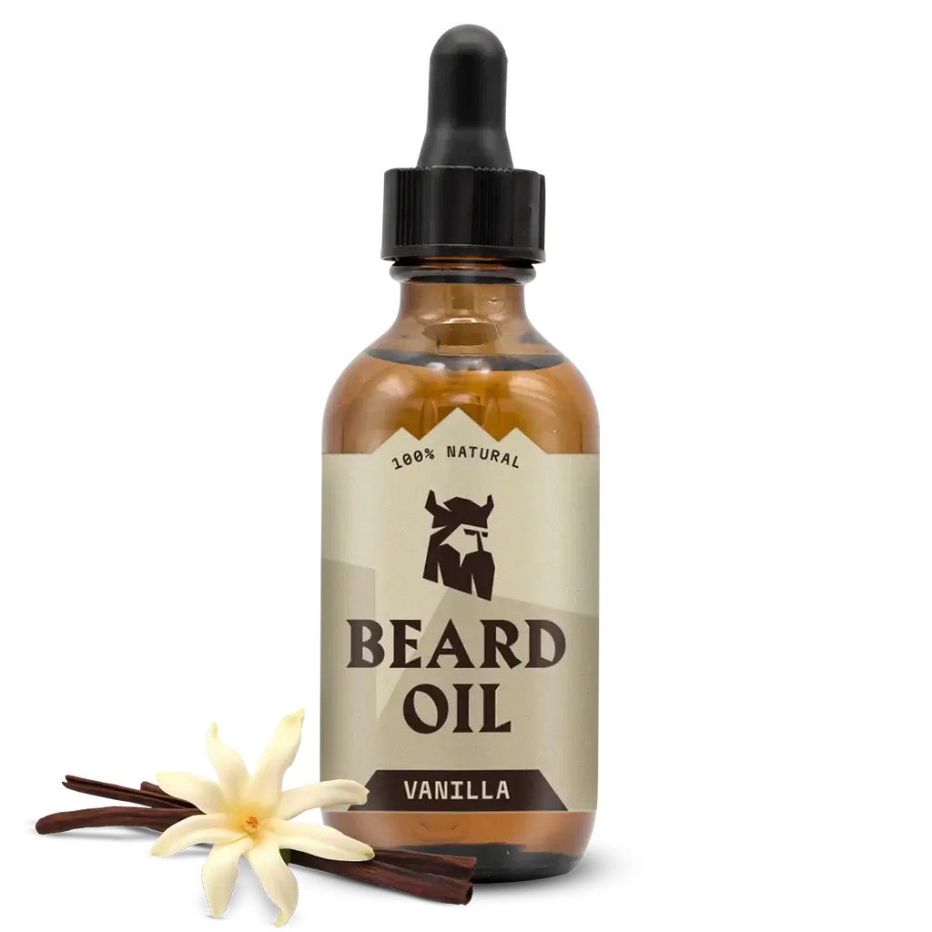 Bottle of vanilla beard oil with a label on a white background