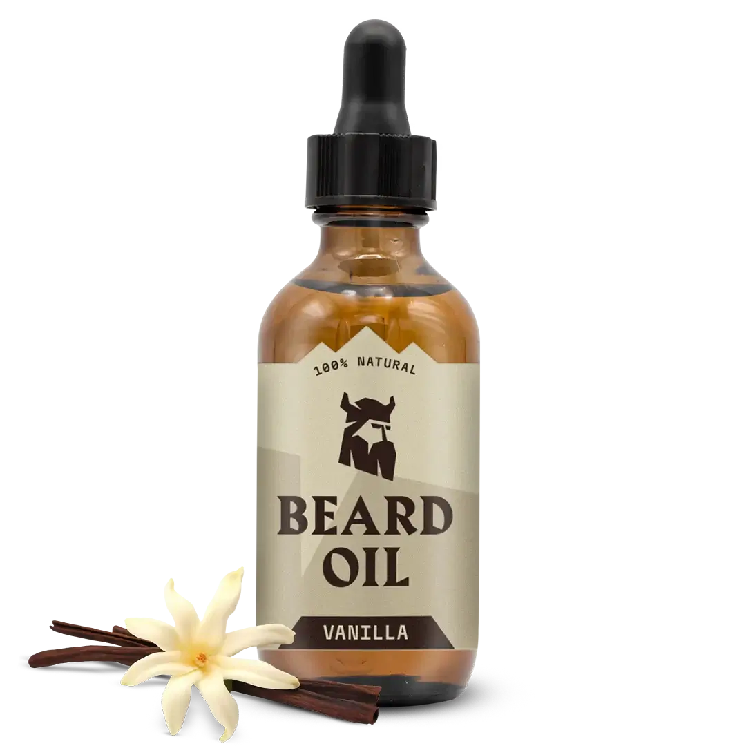 Bottle of vanilla beard oil with a label on a white background