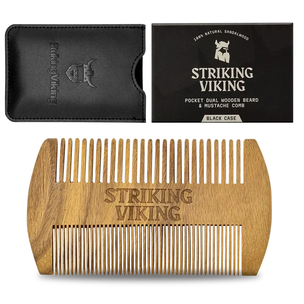 Wooden comb with 'Striking Viking' branding and black case on a white background