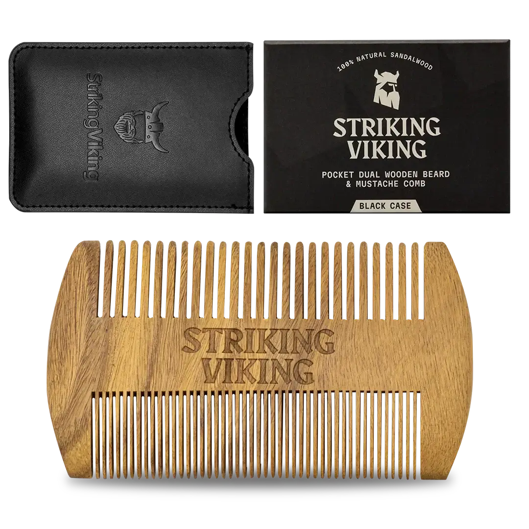 Wooden comb with 'Striking Viking' branding and black case on a white background
