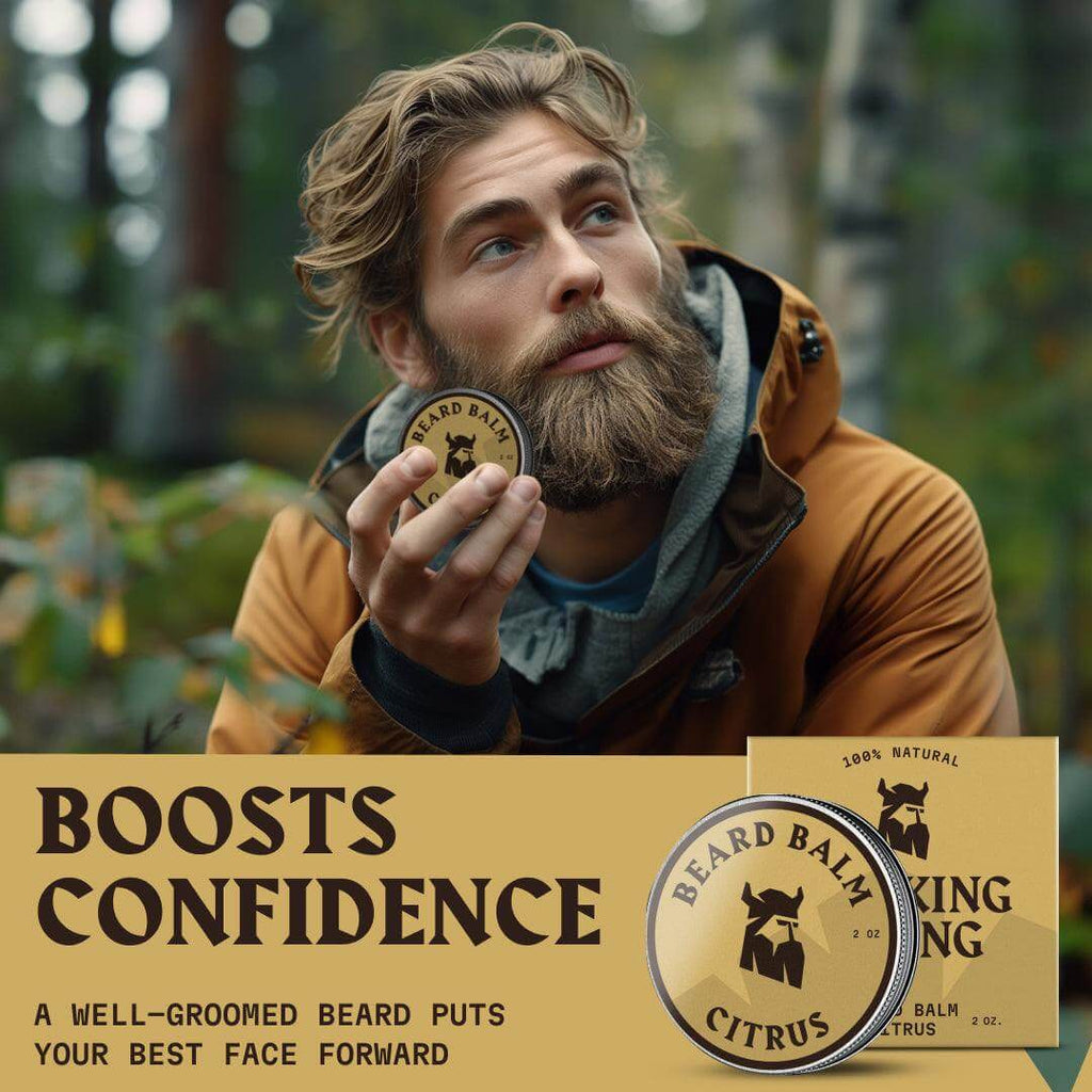 Man holding a beard balm container with promotional text about confidence and grooming.