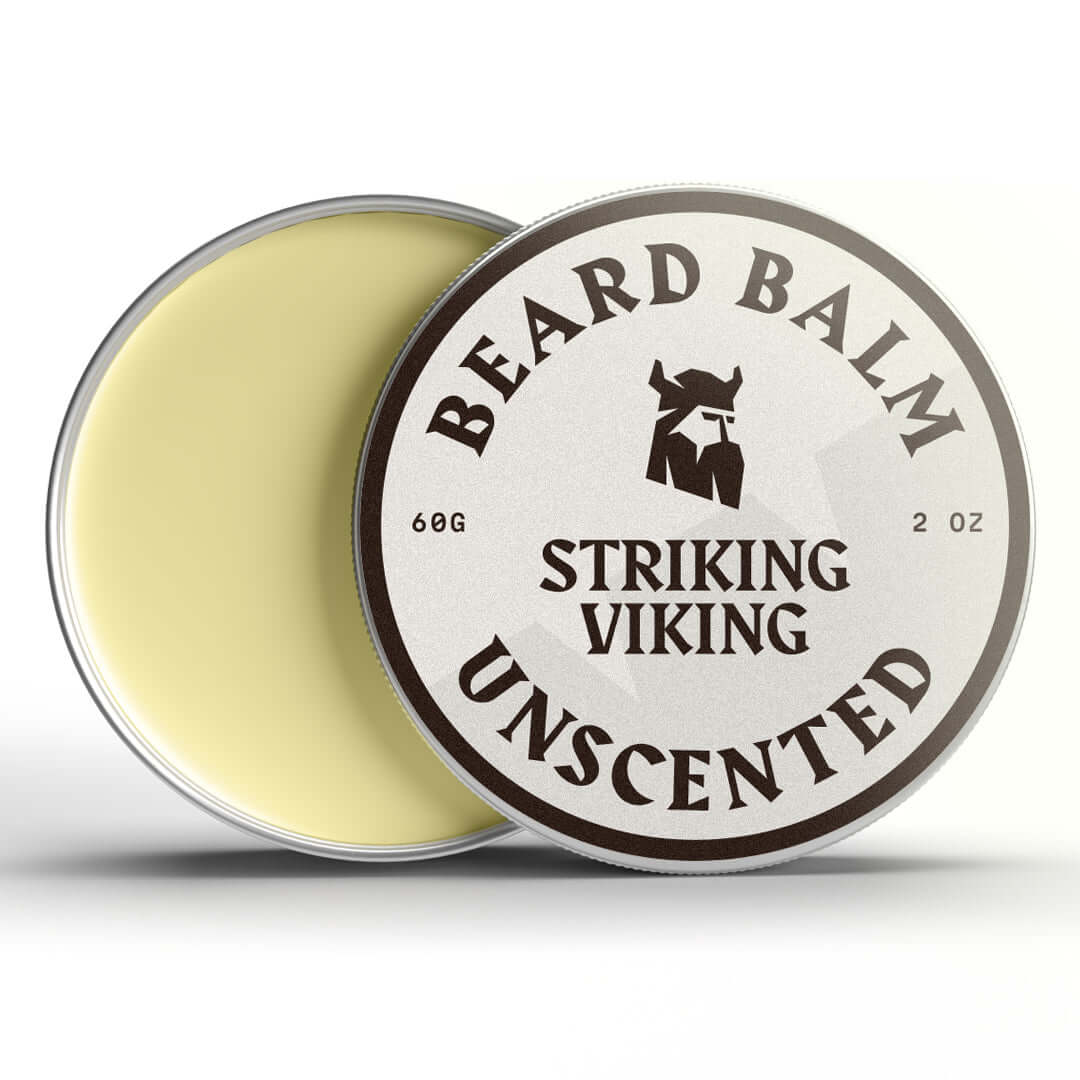 Beard balm container with 'Striking Viking' branding on a white background