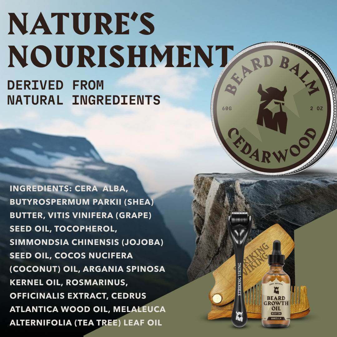 Beard care products with ingredients list against a mountainous background
