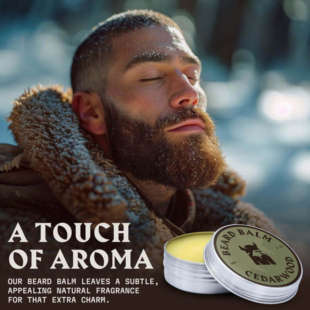 Man with a beard wearing a fur-lined coat, with text about cedarwood beard balm.