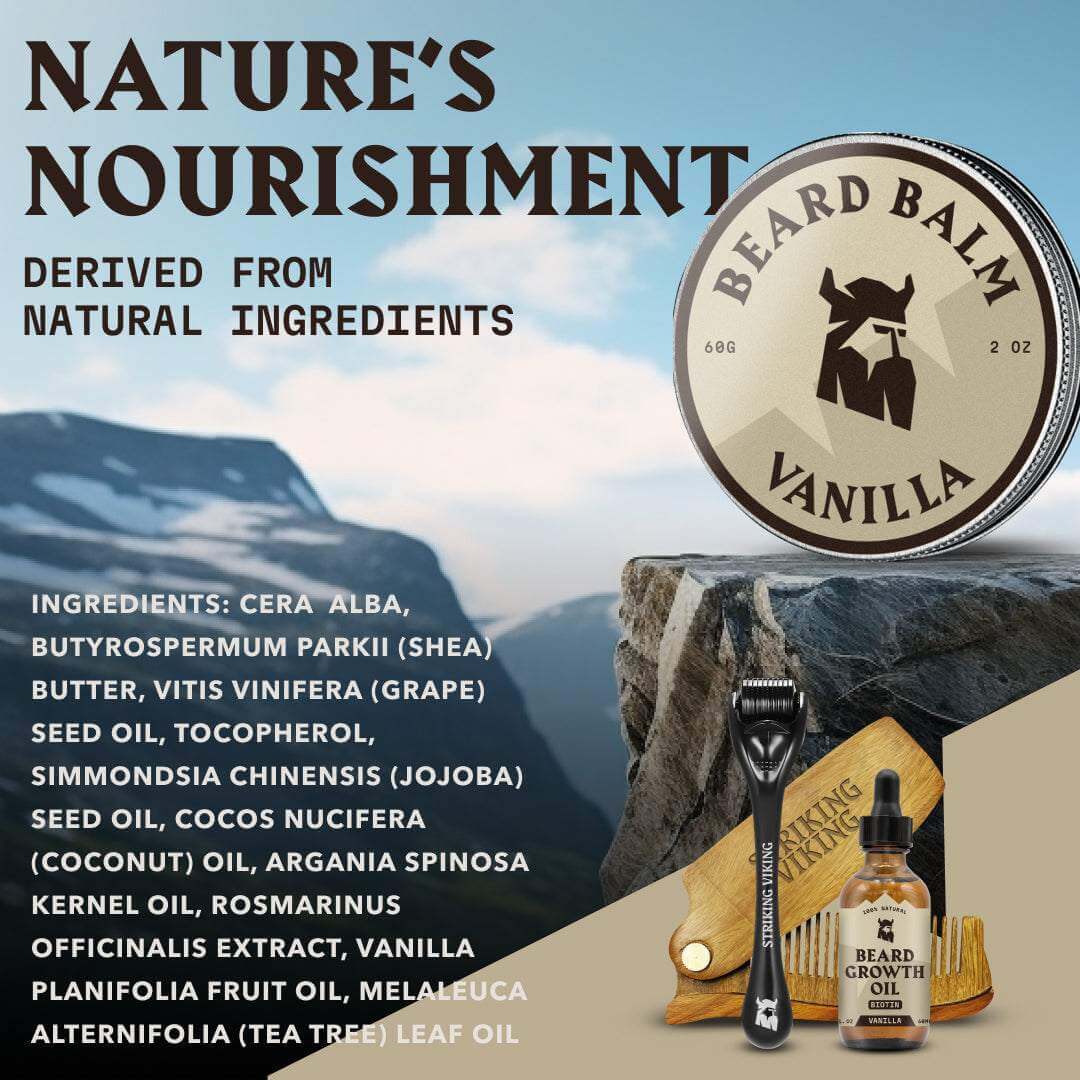 Beard balm packaging with ingredients list and mountain background