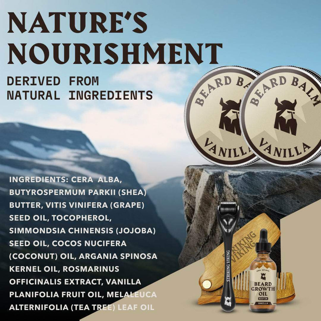 Beard care products with vanilla flavor on a mountain background, featuring 'Beard Balm' and 'Beard Growth Oil'.