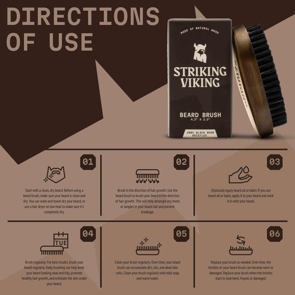 Striking Viking beard brush packaging with usage instructions on a brown background