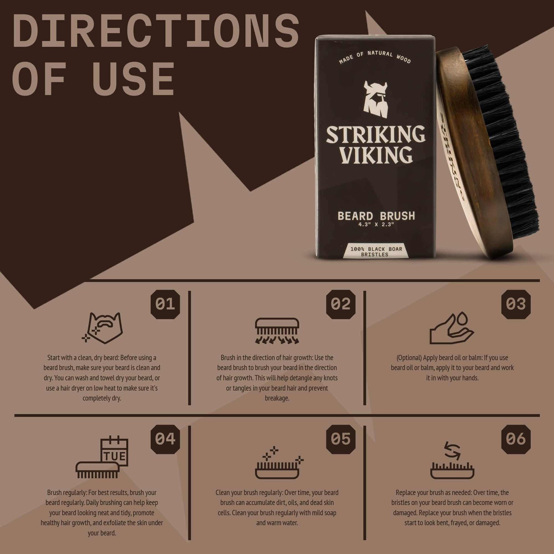 Striking Viking beard brush packaging with usage instructions on a brown background