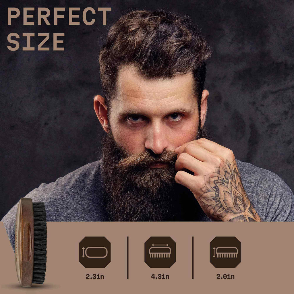 Man with a beard and tattoo, with size measurement icons below.