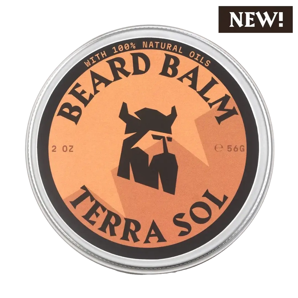 Terra Sol beard balm container with orange label