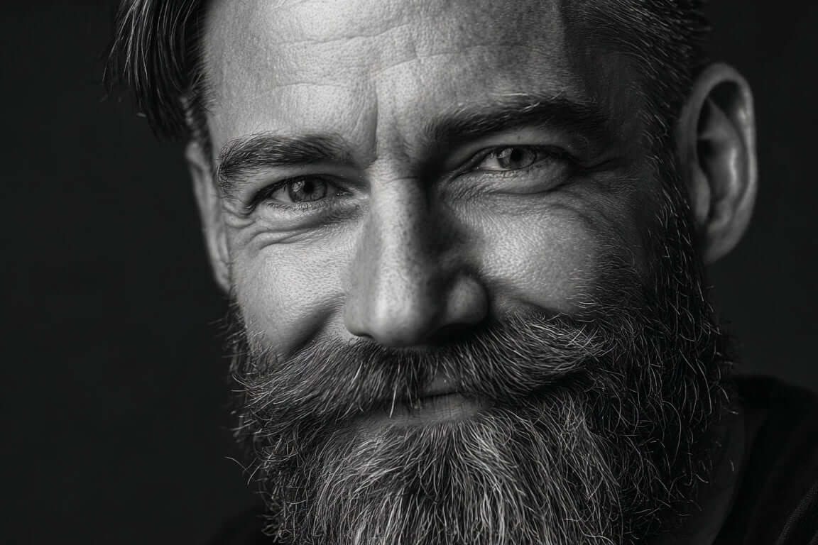 Black and white close-up of a man with a beard against a dark background