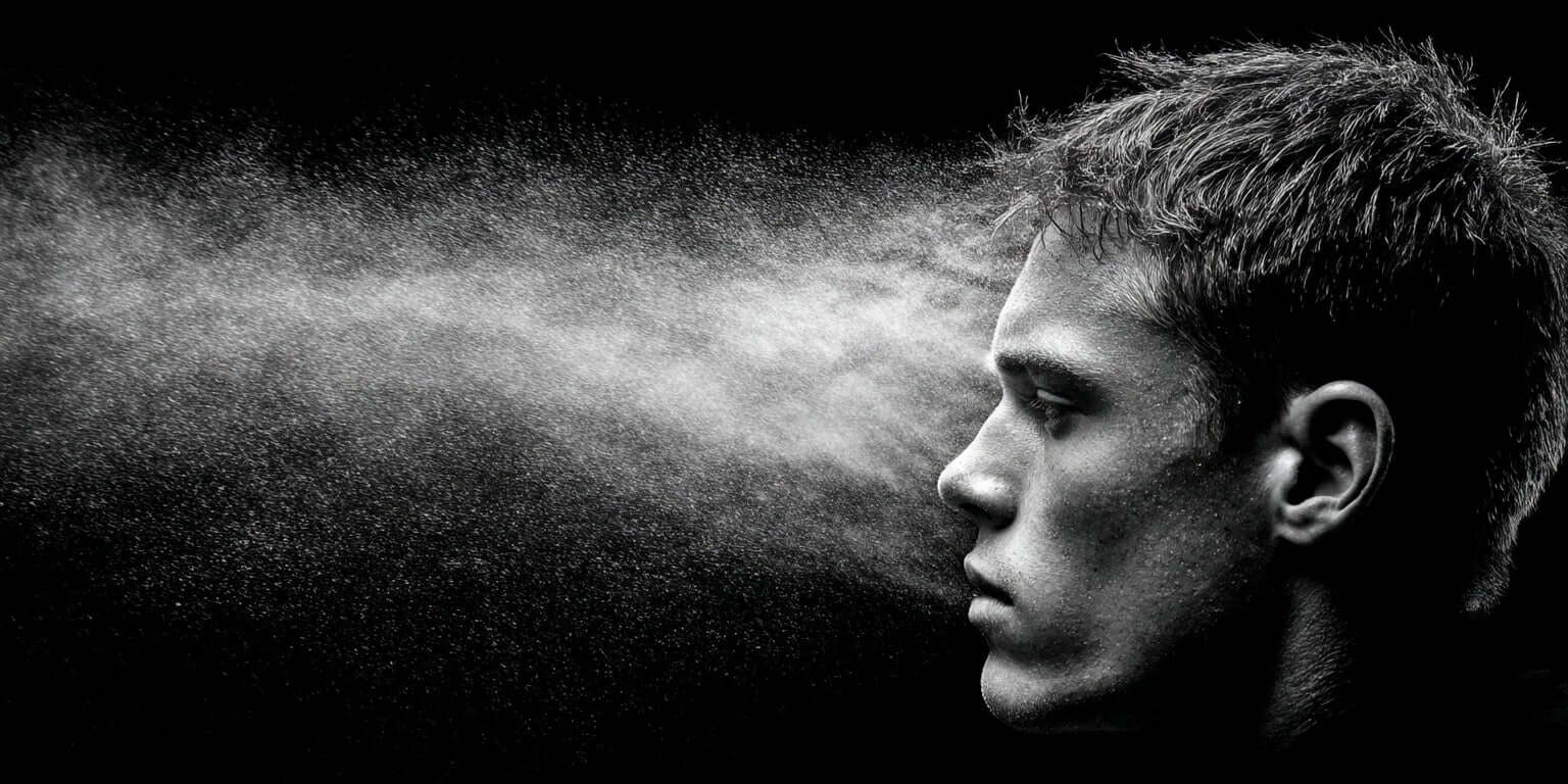 Black and white image of a person with a cloud of dust or smoke blowing towards them.